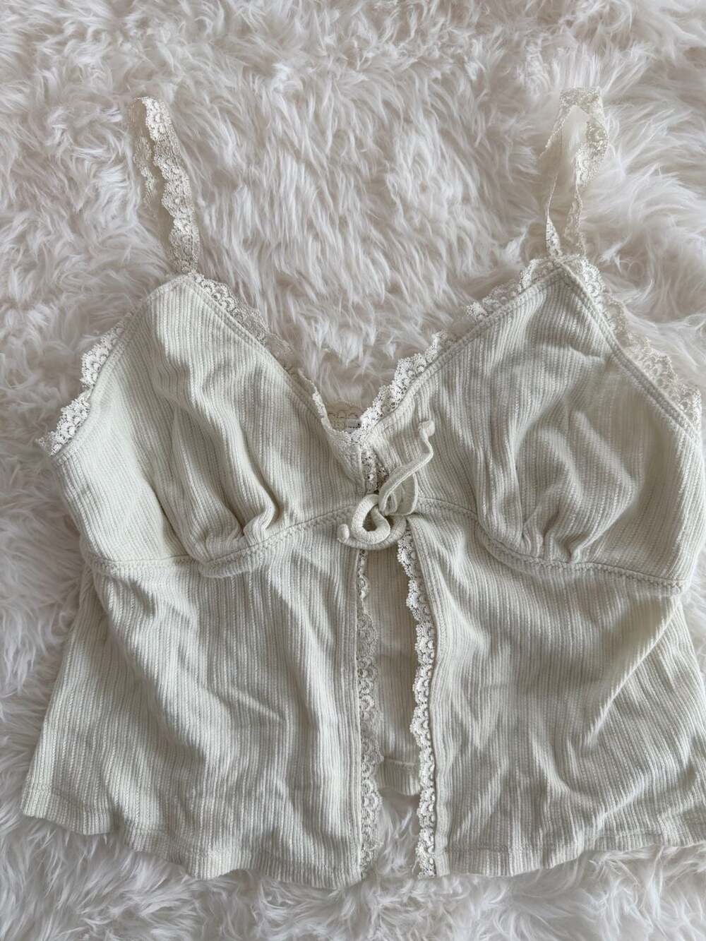 Brandy Melville Tiffany Ribbed Lace Tie Front Split Cami Top One Size